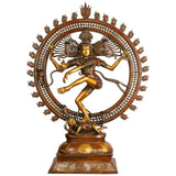 Brass Nataraja dancing deity statue with circular halo, seated base, height 42 in