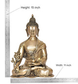 Brass Buddha statue size: 15 in high, 11 in wide, seated figure