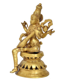Brass Maa Saraswati idol side view, seated on lotus-style base with veena