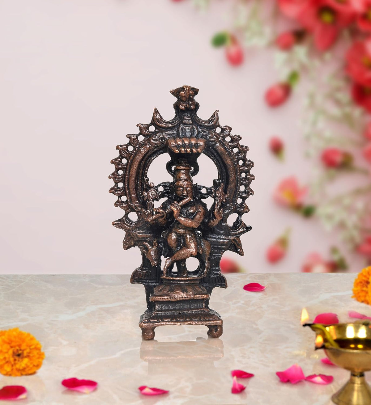 Copper Lord Krishna figurine in arched frame with cow, 3 inch height