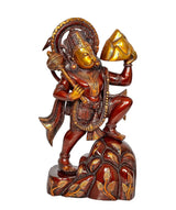 Hanuman JI statue idol, seated pose, red-brown finish with gold detailing on base