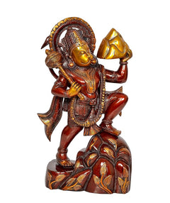 Hanuman JI statue idol, seated pose, red-brown finish with gold detailing on base