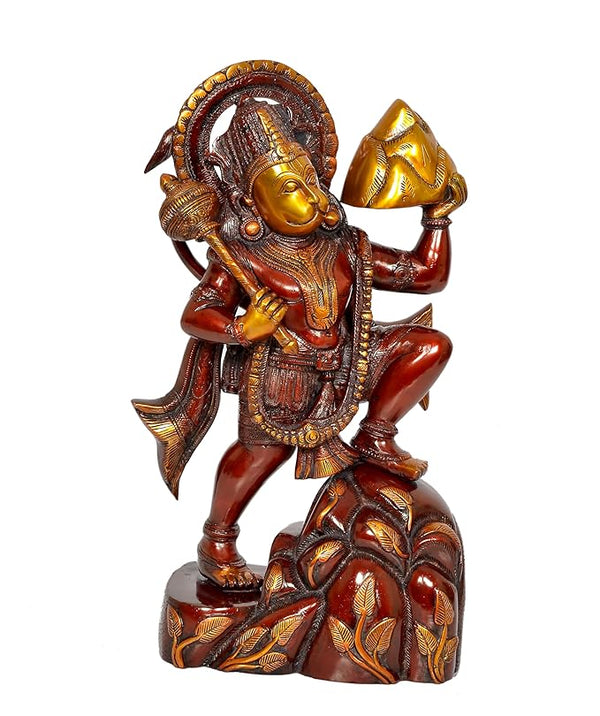 Brass Hanuman JI with Mountain Statue Idol Sculpture Statue Home Decor (Height: 17 Inch)