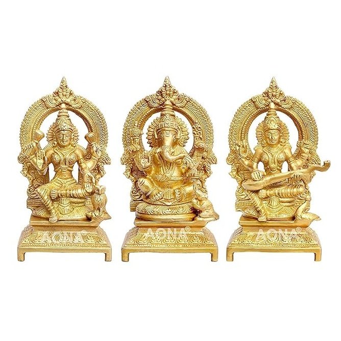 Ganesh Lakshmi and Saraswati Brass Idol Sculpture Murti Statue Golden Height 7 Inches