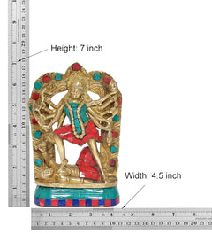 7 inch brass Kali mata idol statue with measurements, teal-red mosaic base