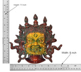 Brass Mahakala wall hanging mask, 7.5 in height; gold face with green trim