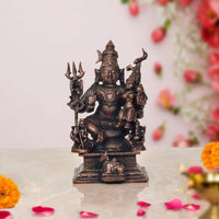 Copper Shiv Parivar showpiece: seated Shiva with trident and raised hands, front view