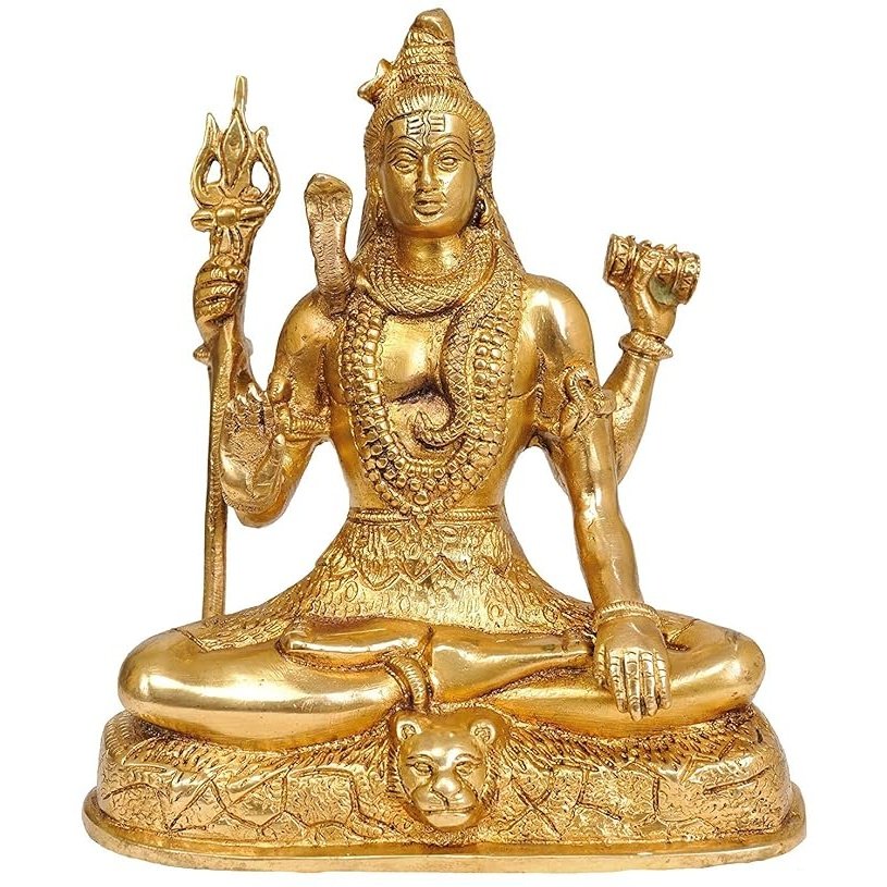 Brass seated Shiva figurine, 7.5 in, four-armed with trident and raised hands