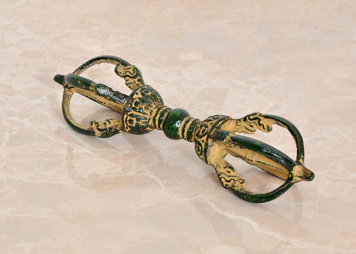 Brass small eight-pronged Dorje with green accents and engraved details