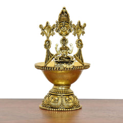 Brass oil diya with Tirupati Balaji and Lakshmi, front view with ornate base