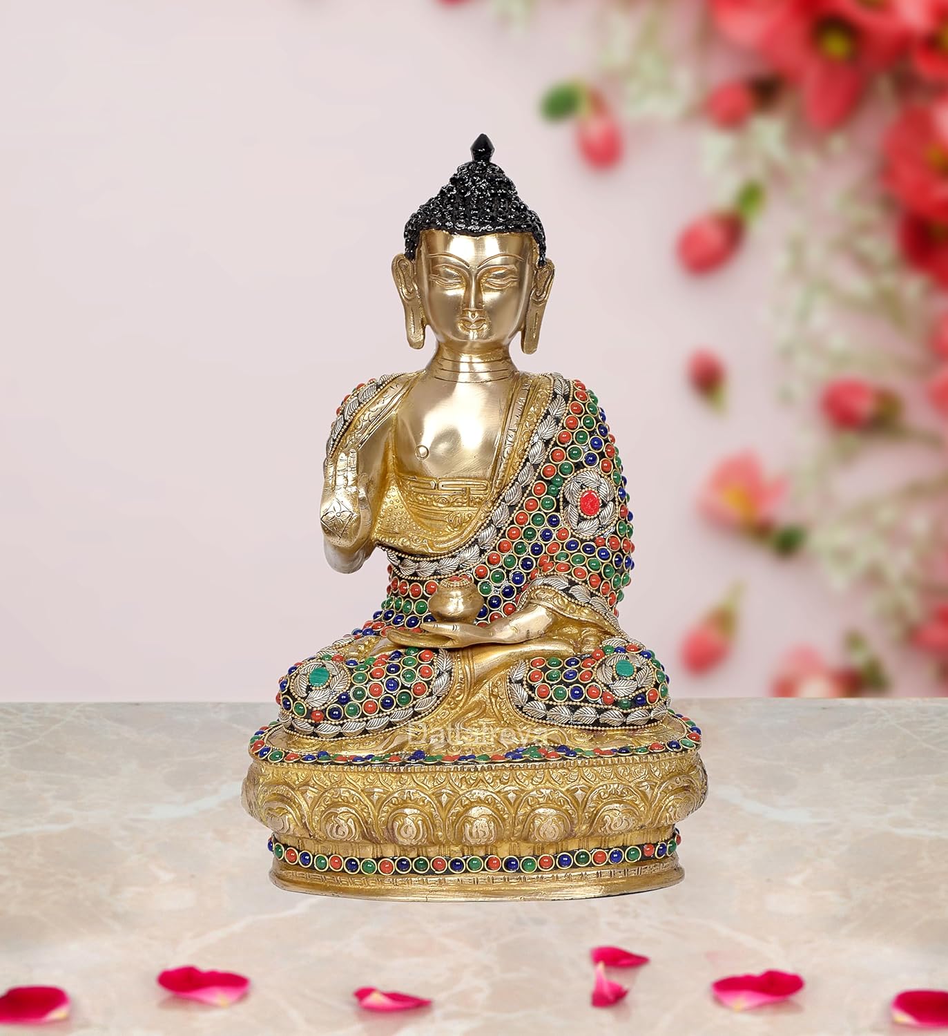 Brass Buddha Statue - Handcrafted Spiritual Decor for Home and Office - Meditating Buddha Idol (Height 12 Inch) (Multicolor)