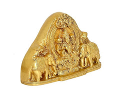 Brass Lakshmi goddess idol in triangular arch, front view with elephants