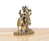 Bronze Dattatreya Trimurti figure beside bull, holding small pot and staff