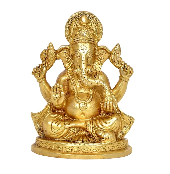 Brass Lord Ganesha Ganpati Idol Vinayak Religious Statue Brass Murti (Height 5.5 Inch)