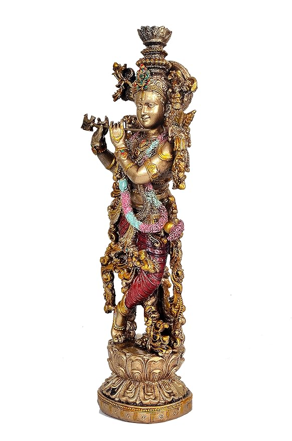 Large Slim Krishna Playing Flute Showpiece for Home Decoration Multicolour in Resin | Height 14 inch