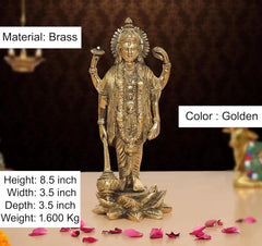 Brass Lord Vishnu standing idol in golden finish, height 8.5 inch, ornate four-armed pose