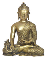 Brass meditating Buddha statue, hands in Dhyan mudra, detailed patterned robe