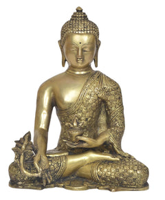 Brass meditating Buddha statue, hands in Dhyan mudra, detailed patterned robe