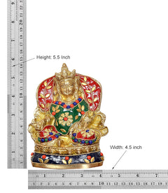 Brass Kubera statue (5.5 in), red halo and colorful jeweled clothing, front view