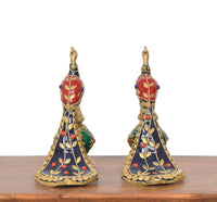 Brass peacock sculptures (2-pack), full bases with blue/red patterns and gold bead trim