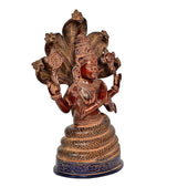 Brass Patanjali statue, seated meditating figure with multi-armed serpentine cobra backdrop