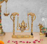 Brass Ganesha swing statue with hanging chains and decorated multicolor base