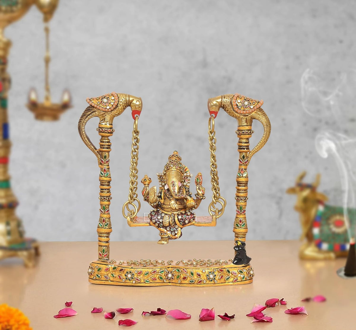 Brass Ganesha On Swing with Two Parrot Holding Chain Statue (Height 8 Inch)