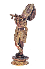 Brass Lord Krishna figurine, side view with decorative cloak, standing on base