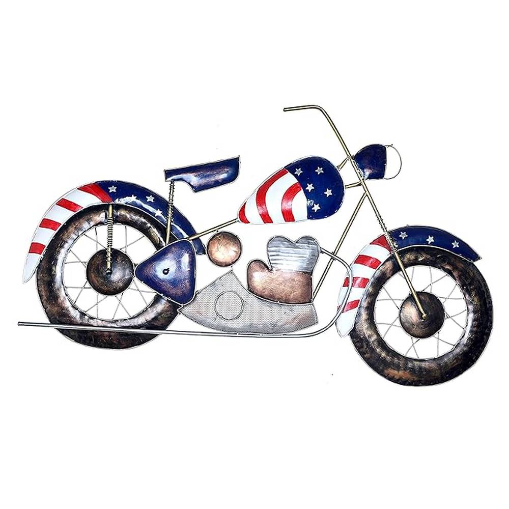 Iron USA motorcycle wall decor with blue/red wheel hub details and flag decals