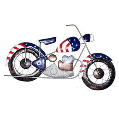Iron USA motorcycle wall decor with blue/red wheel hub details and flag decals
