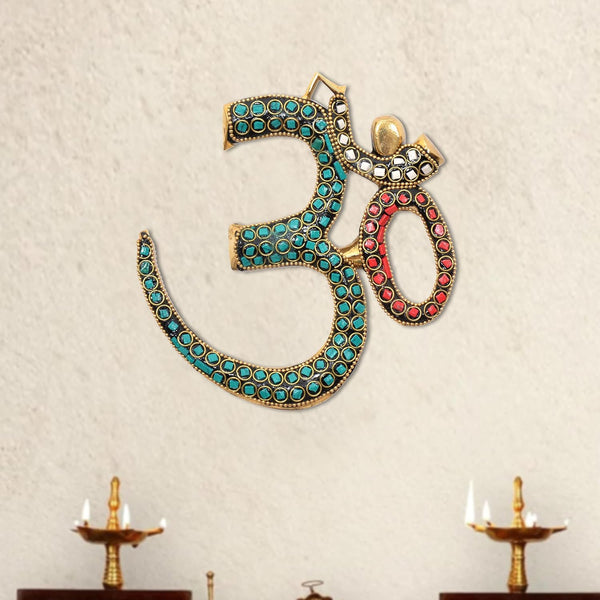 Brass OM Wall Hanging Sculpture (Height: 6 Inch) (Multicolor 1) Mandir Setting