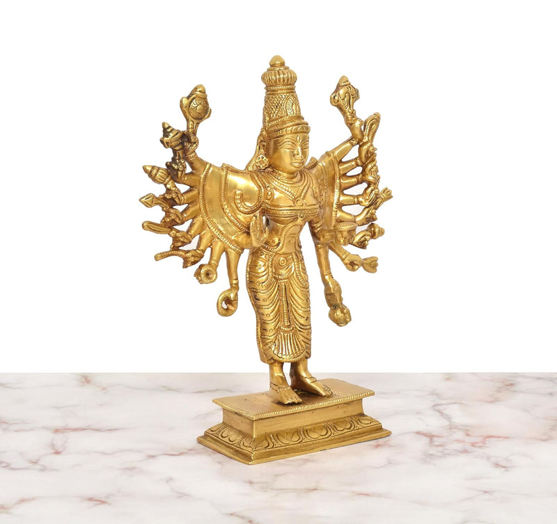 Brass Chamundeshwari Devi Standing with Eighteen Hands Idol (Height :8 inch)