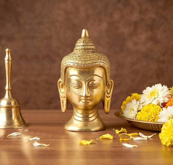 Brass Buddha Face Statue Idol (Height 3.5 Inch) Entryway Setting