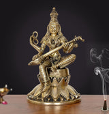 Brass Maa Saraswati statue seated playing veena, ornate details, 10 inch