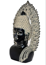 Side view Buddha bust statue with ornate silver halo and etched shoulder sash
