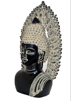 Side view Buddha bust statue with ornate silver halo and etched shoulder sash