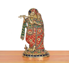 Radha Krishna idol standing statue in brass with flute, colorful embroidery and gems