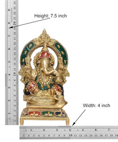 Brass Lakshmi and Ganesha statue, height 7.5 in and width 4 in shown on ruler