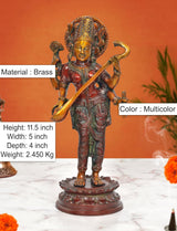 Maa Saraswati brass sculpture, multicolor finish, 11.5 in height