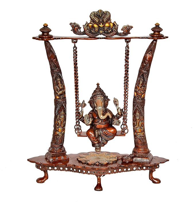 Brass Lord Ganesha On Swing Decorative Showpiece Idol Blue & Red - (Brass, Height 17.5 Inch)