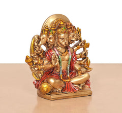 Resin Panchmukhi Hanuman idol, seated pose with red robe, green accents, and golden details