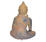Brass Buddha statue back view with ornate crown, seated meditation pose, gold accents