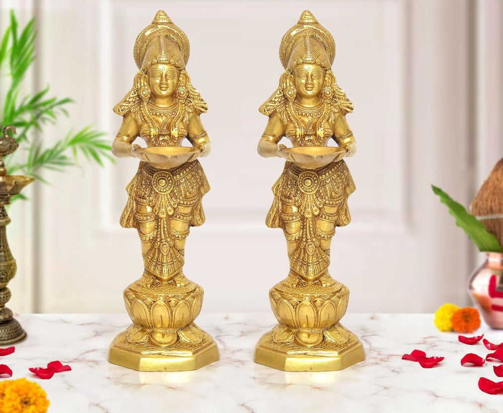 Brass Deeplaxmi Apsara Lady Holding Oil lamp |Set of 2| (Height: 13 inch)