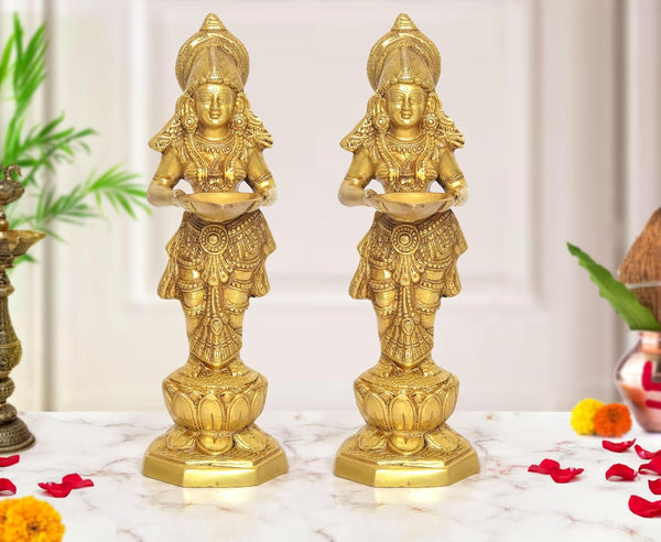Brass Deeplaxmi Apsara Lady Holding Oil lamp |Set of 2| (Height: 13 inch)
