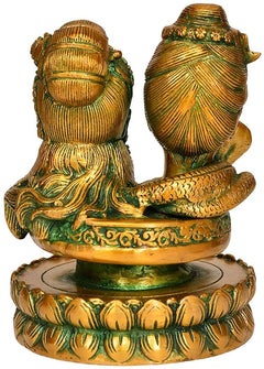 Brass Shiva Parwati linga statue, side view with ornate green and gold details
