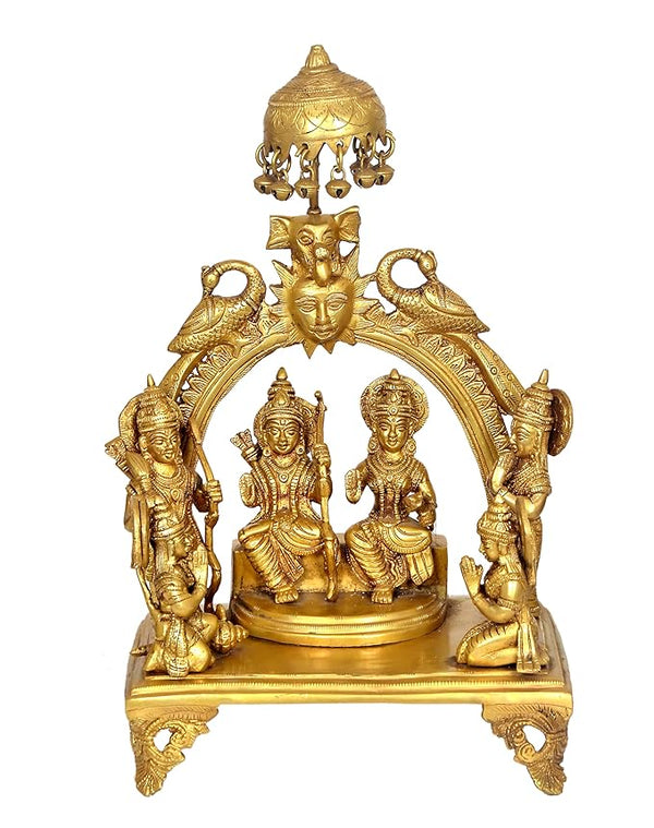 Brass Ram Darbar Murti with Chtra On Top with Sun Peacock and Singhashan for Home DÃ©cor Bhagwan Ram Darbar with Sita Laxman Hanuman Idol Statue for Mandir Temple Entryway Setting