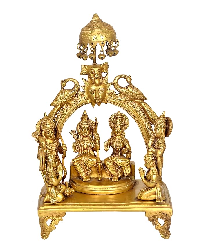 Brass Ram Darbar Murti with Chtra On Top with Sun Peacock and Singhashan for Home DÃ©cor Bhagwan Ram Darbar with Sita Laxman Hanuman Idol Statue for Mandir Temple Craft Detail