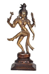 Brass Ardhanarishwar idol standing, arms raised, carved dark base, gold-brown finish