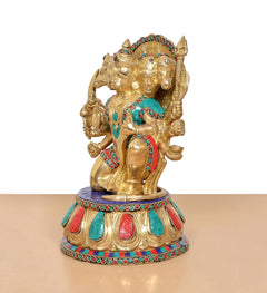 Brass Panchmukhi Hanuman idol, three-quarter view, gold-tone with multicolor accents