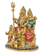 Side view Shiv Parivar idol with trident and colorful detailing on round base